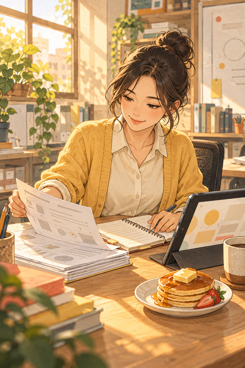 Illustration of a teacher reviewing a worksheet beside a tablet and a stack of pancakes.